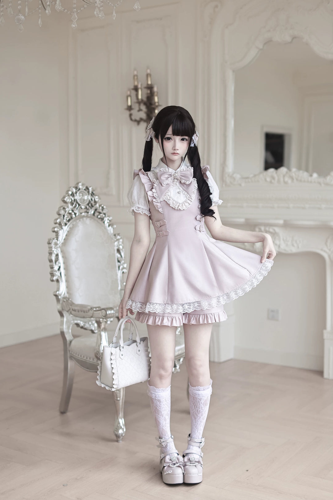 Ryousangata Pleated Hem Dress, Pearl-trimmed Neckline 45554:853350