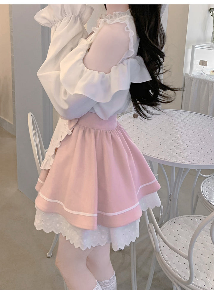 Jirai Kei Blouse Off-Shoulder Shirt Pink Skirt with Apron 42240:734734