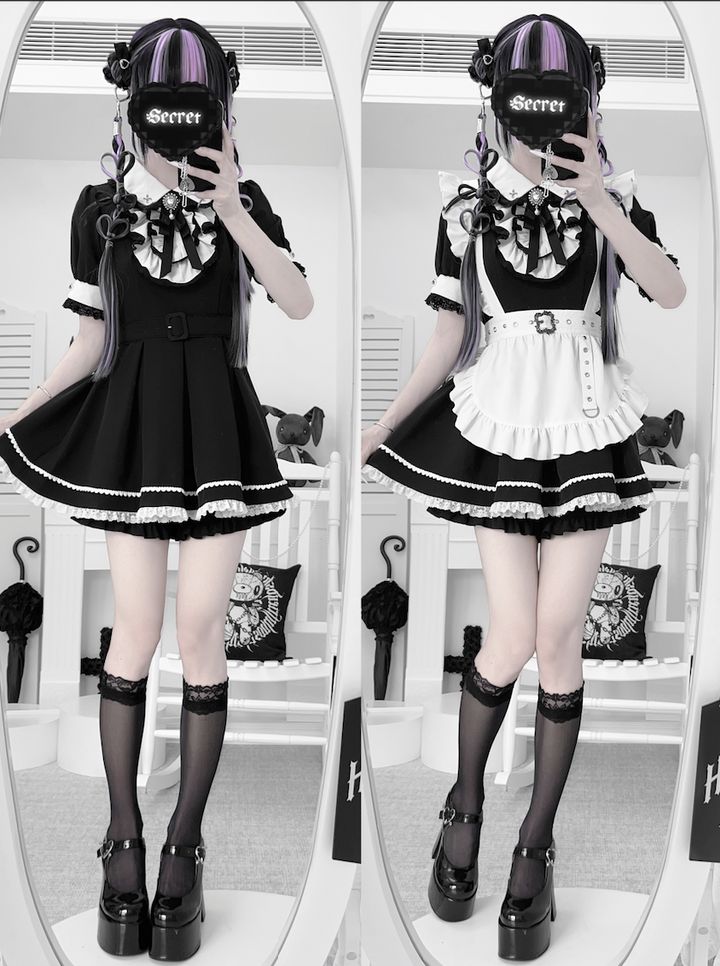 Maid Style Jirai Kei Dress Set, Pocketed Shorts + Apron 43439:778411