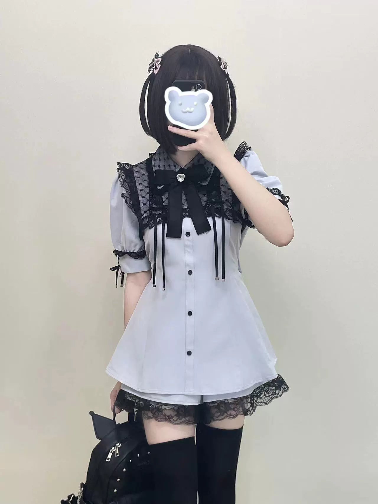 Jirai Kei Set Up Short Sleeve Lace Dress And Shorts Set 37462:559376