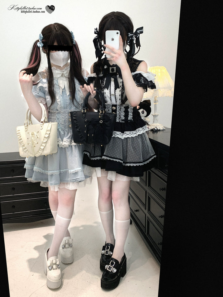 Lace Open Shoulder Jirai Kei Blouse, Heart Rhinestone 43692:783121