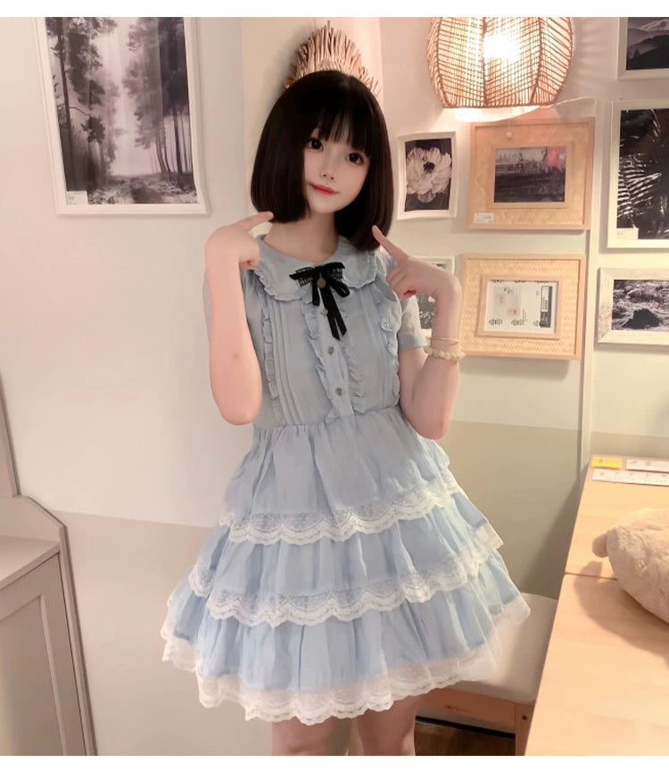 Sweet Style Lace Trim Dress, Tiered Ruffles 43546:779193