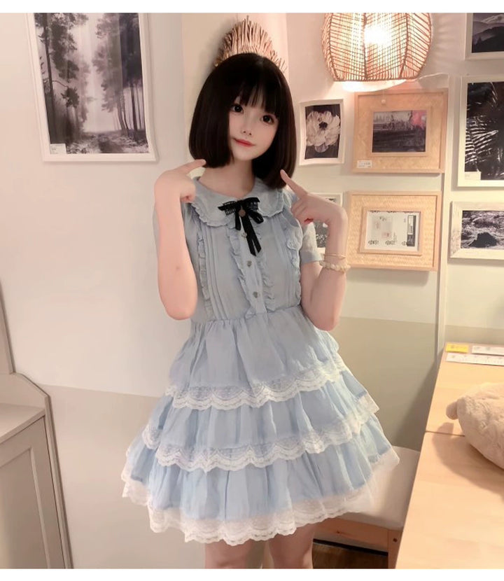 Sweet Style Lace Trim Dress, Tiered Ruffles 43546:779193