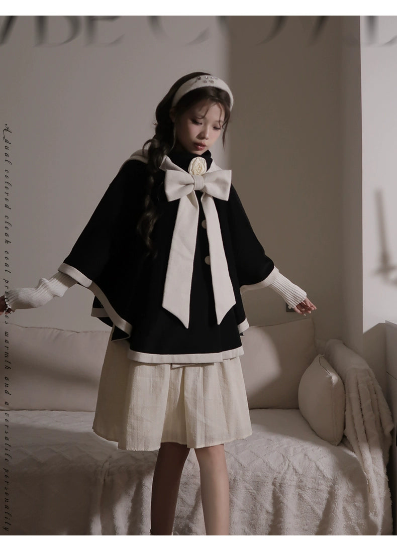 Elegant Lolita Winter Coat Black and White Camellia Cape 40284:658176