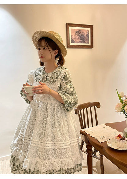 Mori Kei Dress Bubble Sleeve Vintage Green Floral Dress 36552:531202