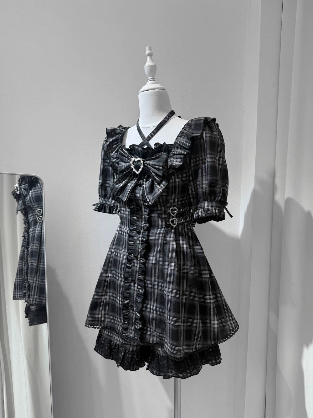 Plaid Jirai Kei Dress Set, Halter Neck, High Waist (L M S) 43555:779694