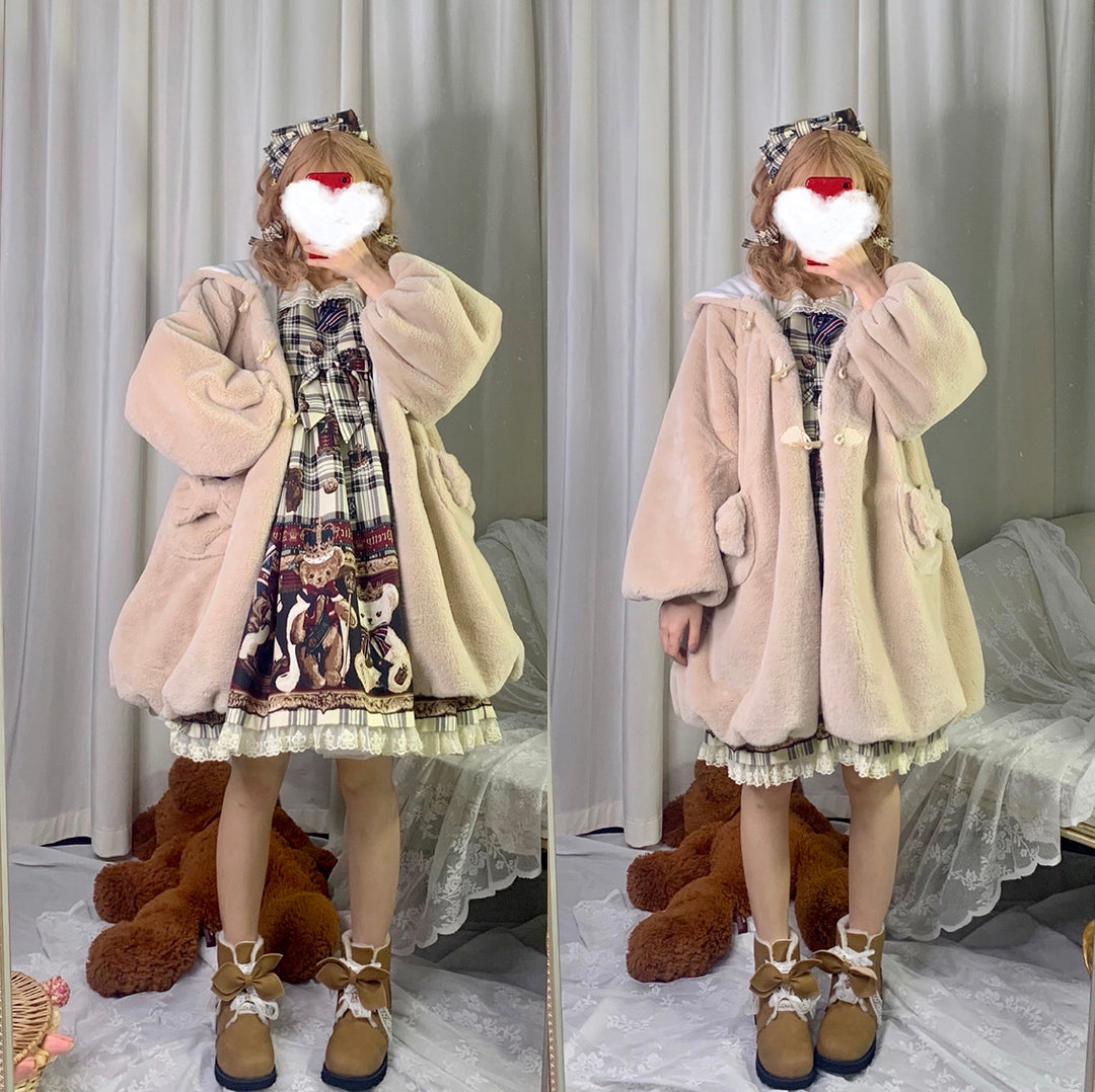 Kawaii Beige Winter Coat Bunny Fur Toggle Coat 22762:353524 22762:353524