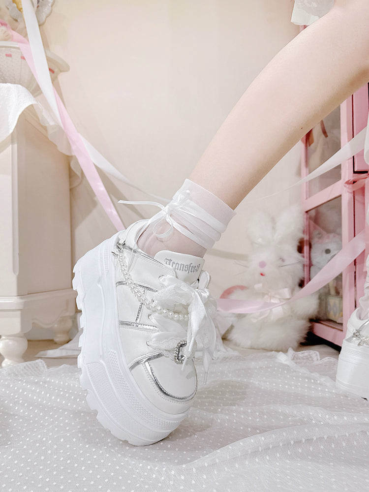 Jirai Kei Sneakers with Square Rhinestone and Detachable Pearl Chain 42360:737205