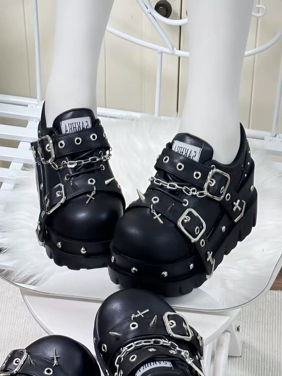 Gothic Black High Platform Shoes, Studs & Crosses 45285:845238