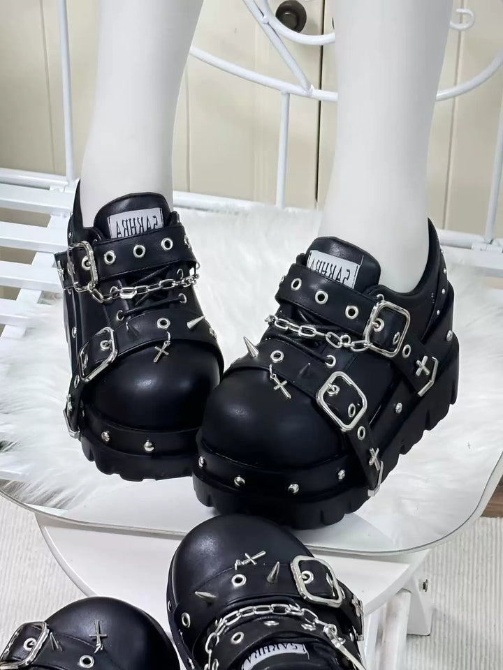 Gothic Black High Platform Shoes, Studs & Crosses 45285:845238