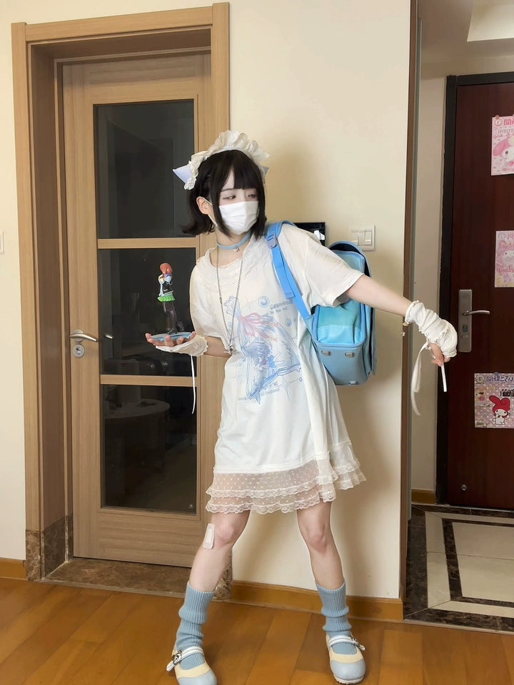 Tenshi Kaiwai Cotton Long T-Shirt, Lace Hem 43687:782925