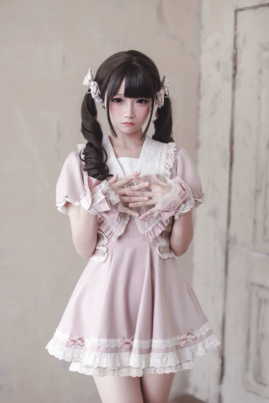 Pink High-waist Ryousangata Dress, Sailor Collar 44781:829328