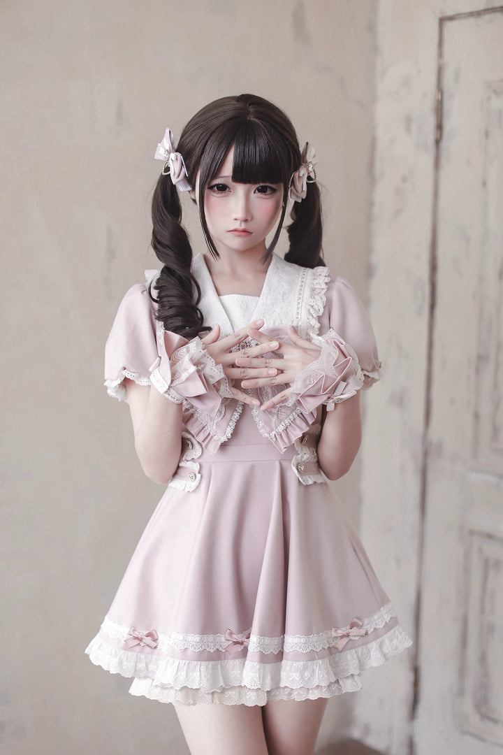 Pink High-waist Ryousangata Dress, Sailor Collar 44781:829328