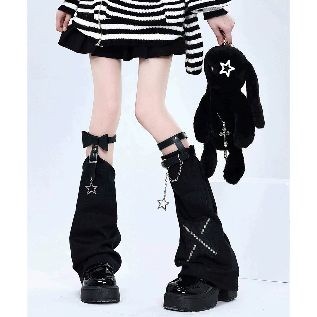 Y2K Leg Cover Cross Chain Leather Buckle Leg Warmer (Black) 36510:516262 (Black) 36510:516262