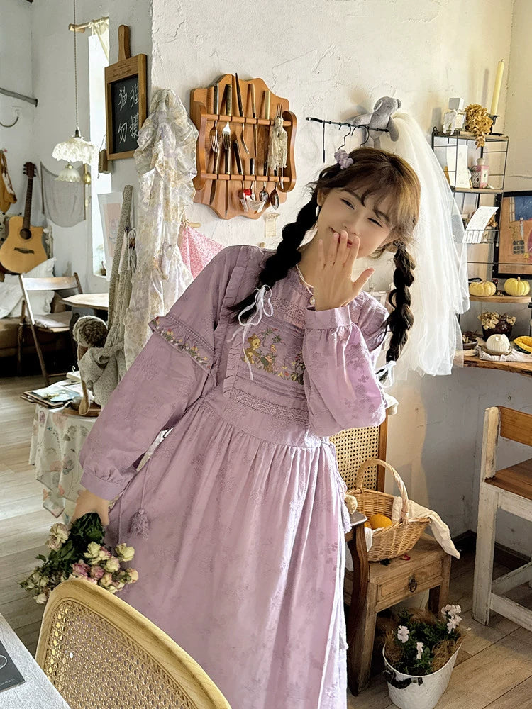 Mori Kei Dress Cottagecore Dress Purple Embroidered Dress 36248:534520