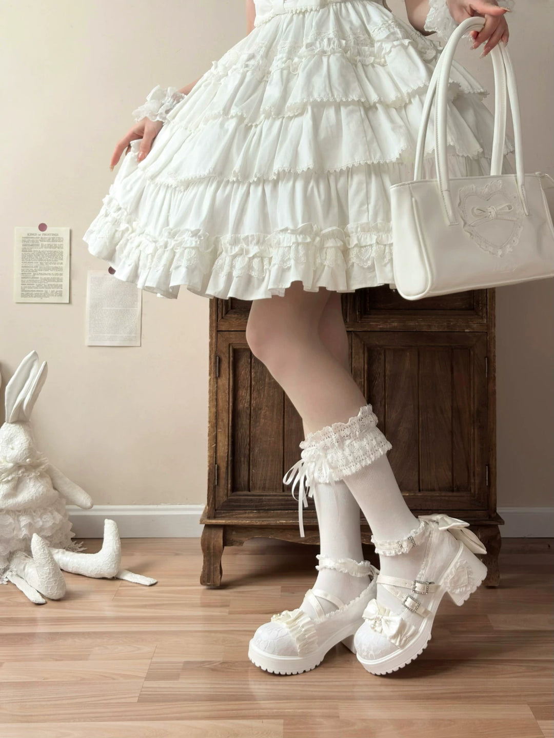 Classic Lolita Mary Jane Shoes, Lace Tulle & Ribbon Bow 46012:873453
