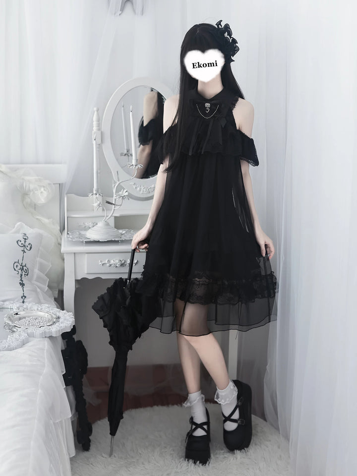 Seiso Kei Open Shoulder Dress, Black Tulle Overlay 45555:854182