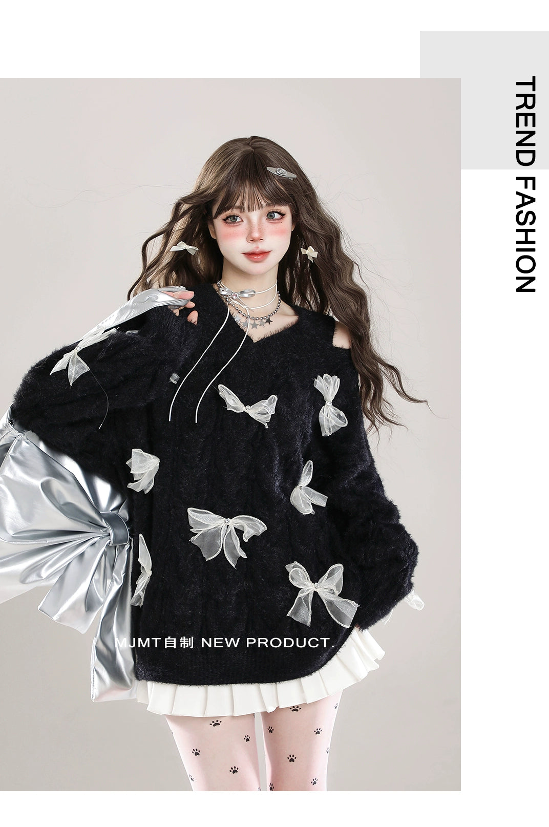 Sweet Winter Sweater, Open-Shoulder, Ribbon Bows 44070:795153