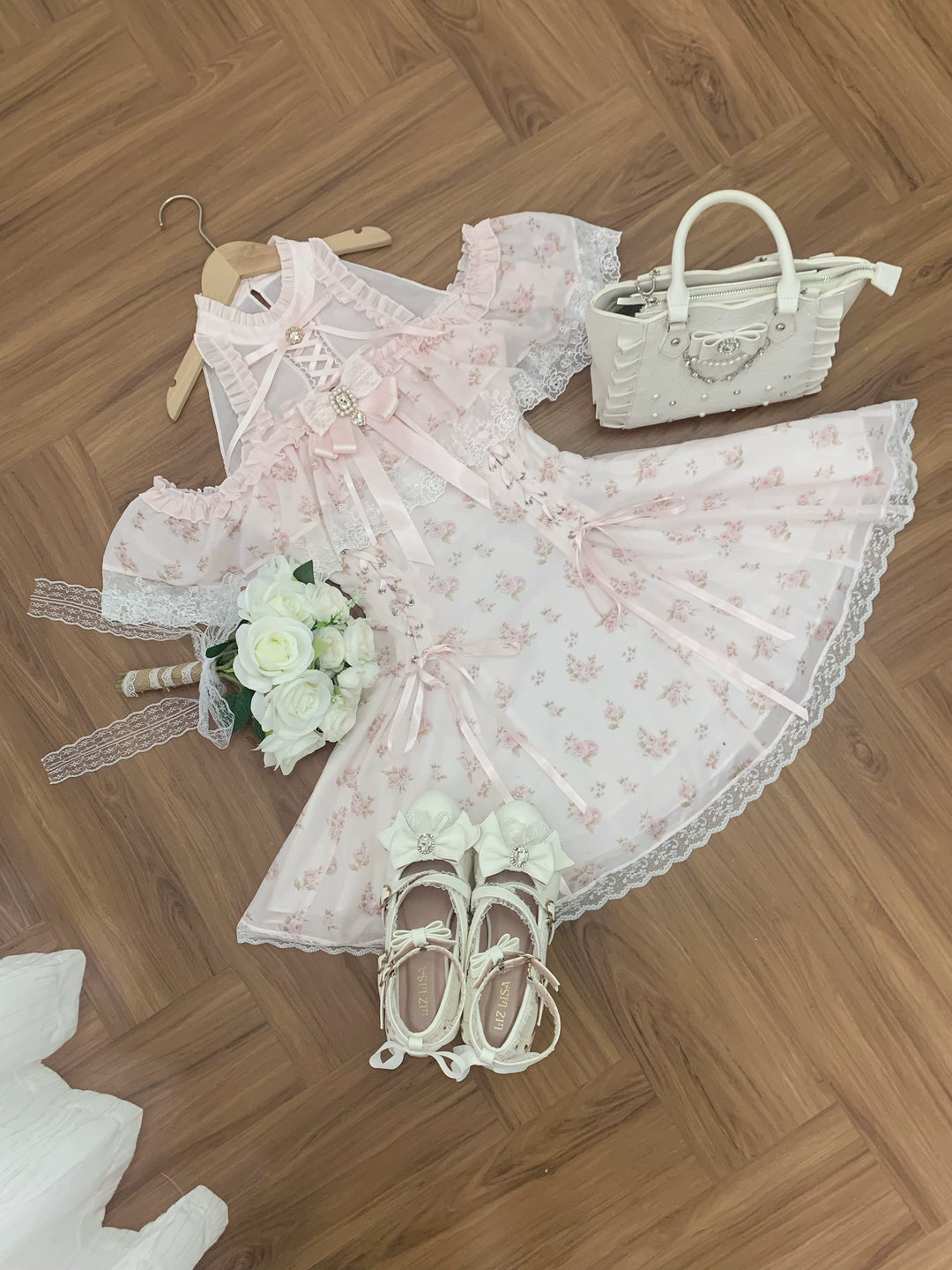 Pink Open Shoulder Ryousangata Dress, Floral Print (L M S) 45289:846979