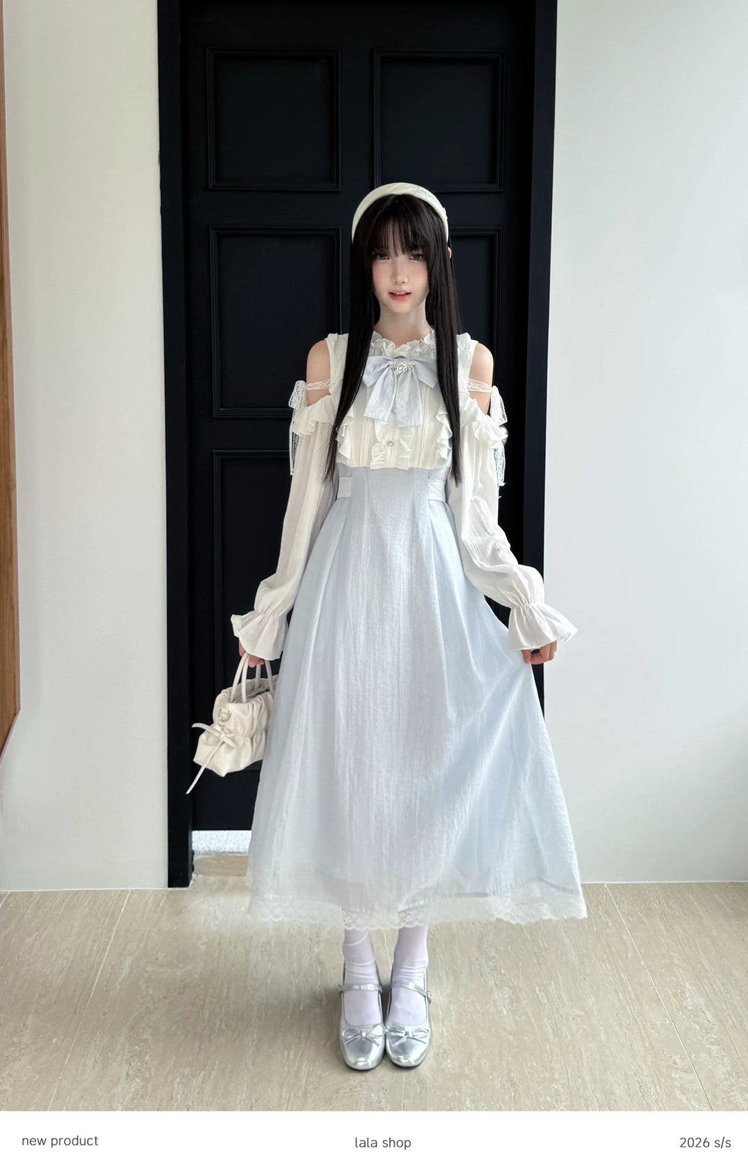 Seiso Kei Open Shoulder Dress, Blue & White Color Spliced 45752:861365