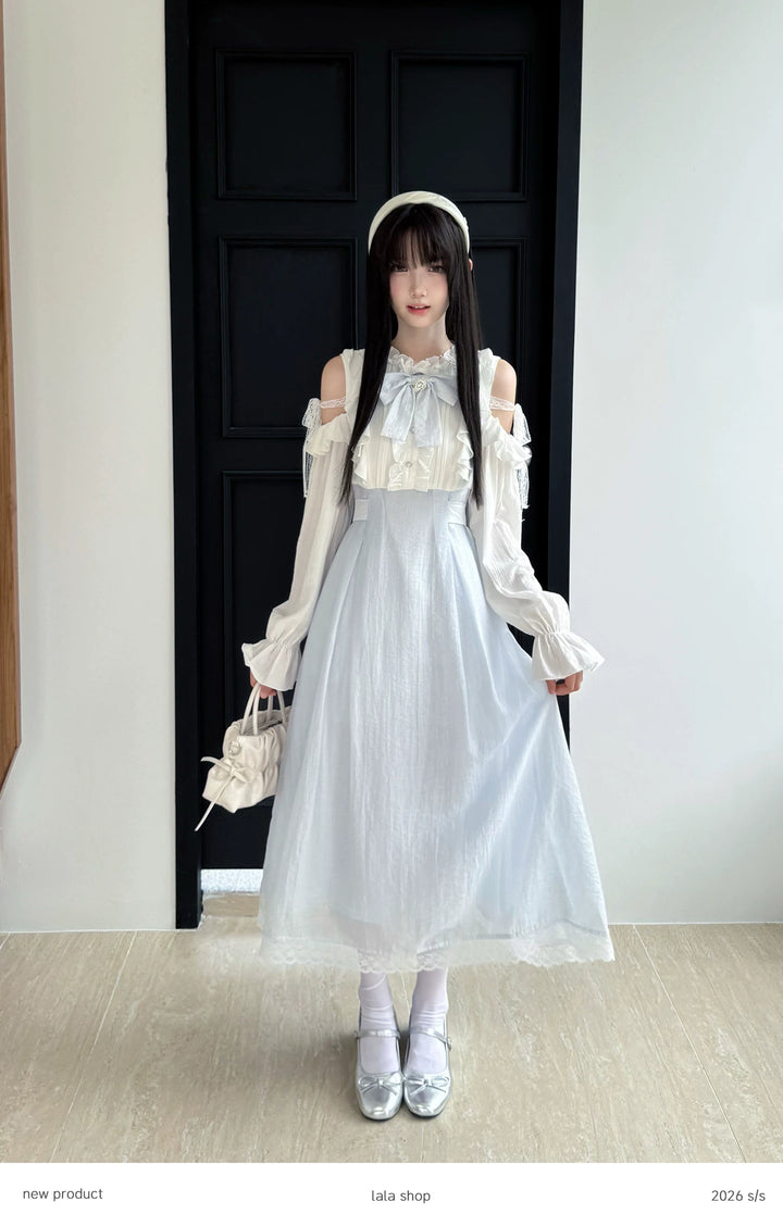 Seiso Kei Open Shoulder Dress, Blue & White Color Spliced 45752:861365
