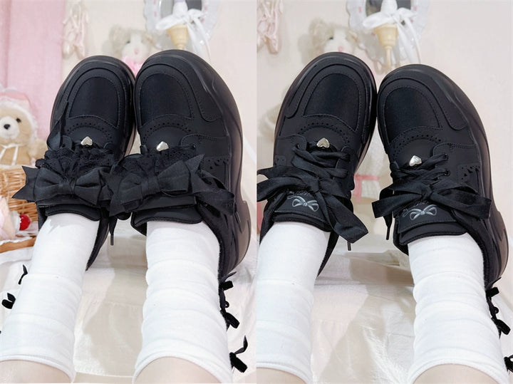 Jirai Kei Sneakers Platform Shoes With Lace Bow and Ruffle Trim 42161:729245