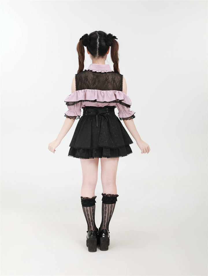 Jirai Kei Shirt with Bust Flounce Hem/Hidden Button 43035:762520