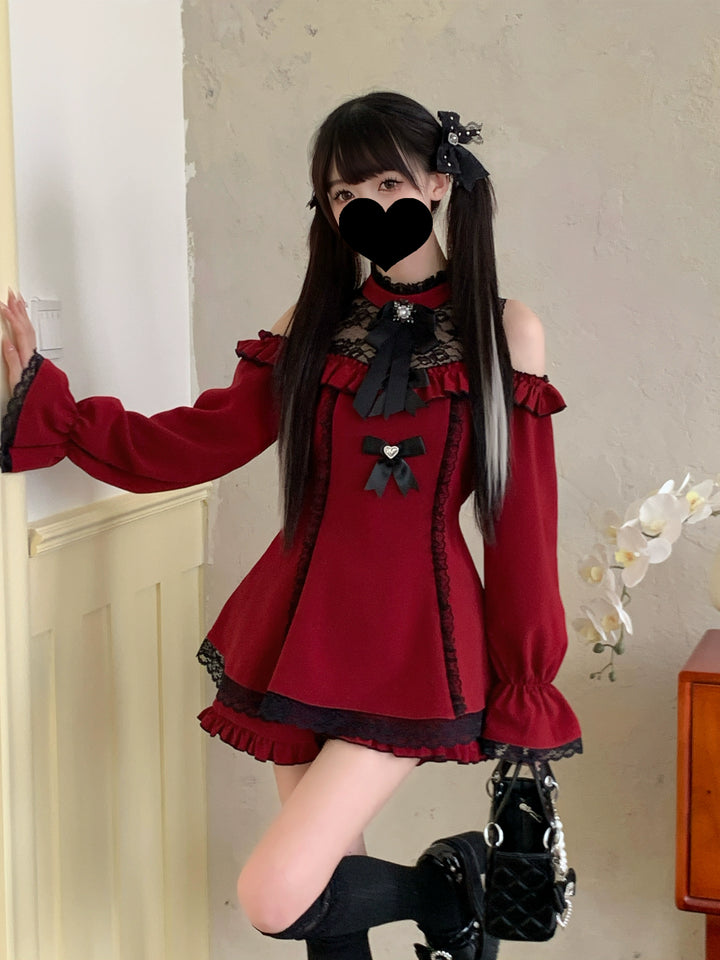 Jirai Kei Dress Set Open-shoulder Dress And Shorts (L M S XL / Red) 39032:629326