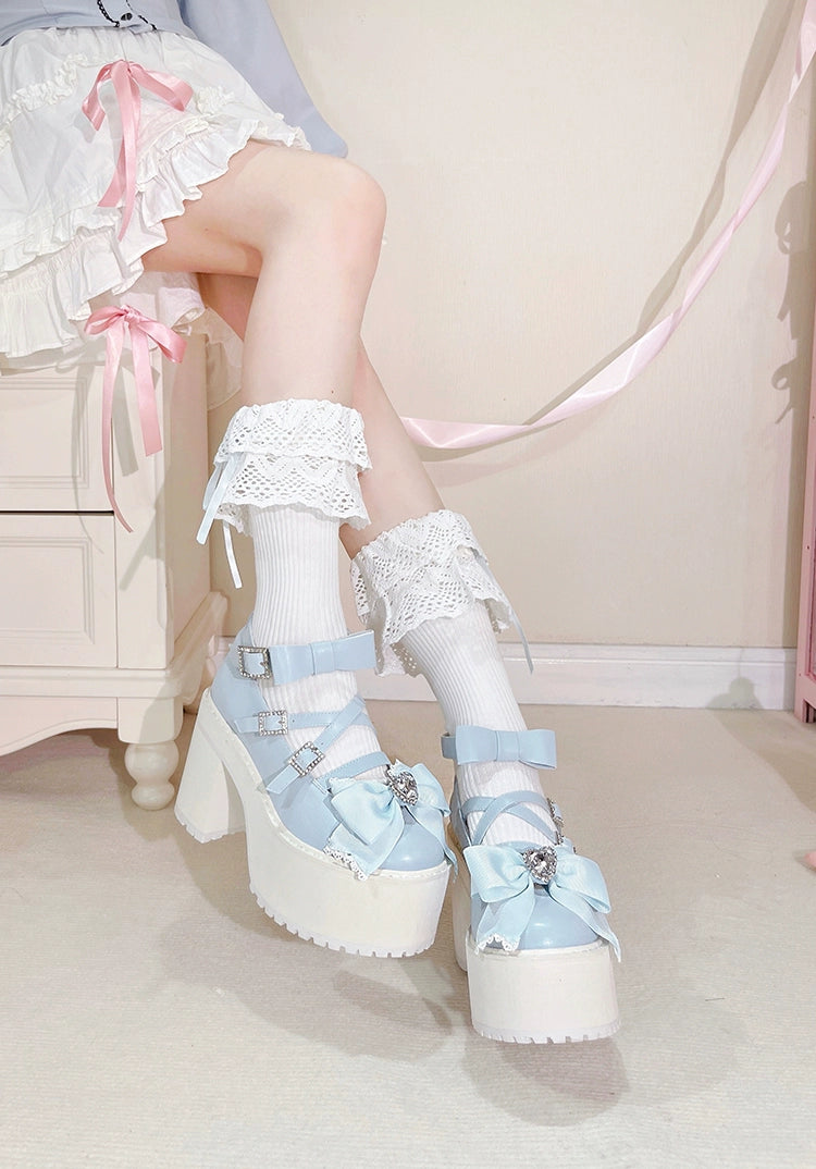 Jirai Kei Shoes Bow High-heeled Platform Ryousangata Shoes 38040:594276