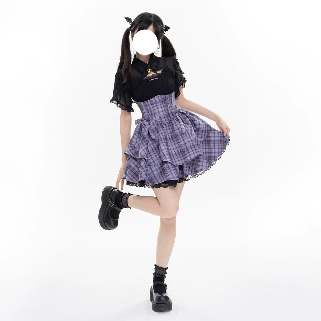 Kawaii Purple Plaid Onepiece Dress Black Bolero (L M S XL) 22508:323462 22508:323462