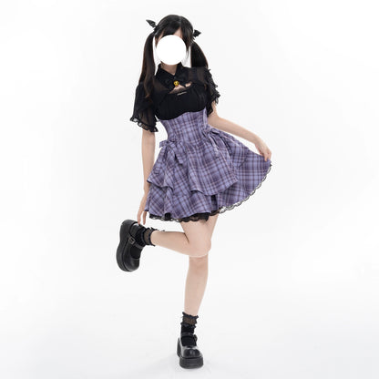 Kawaii Purple Plaid Onepiece Dress Black Bolero (L M S XL) 22508:323462 22508:323462