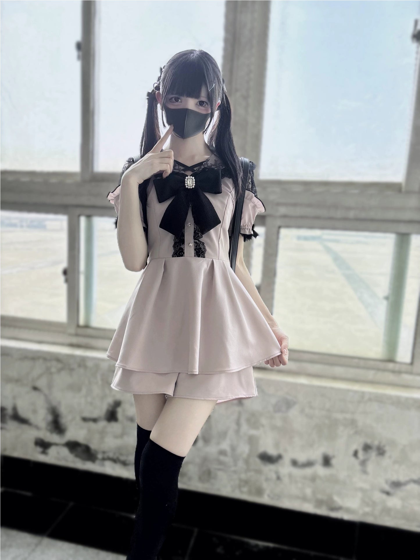 Jirai Kei Dress Set Pink Black Open-Shoulder Winged Collar Dress 37660:578010