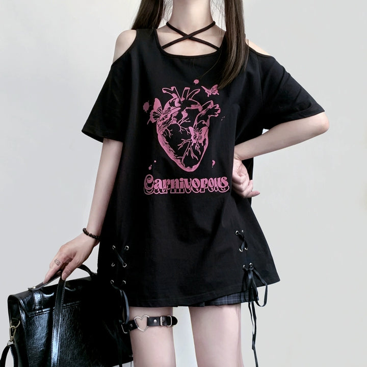 Jirai Kei Shirt Off-Shoulder Short Sleeve T-shirt 35530:495404