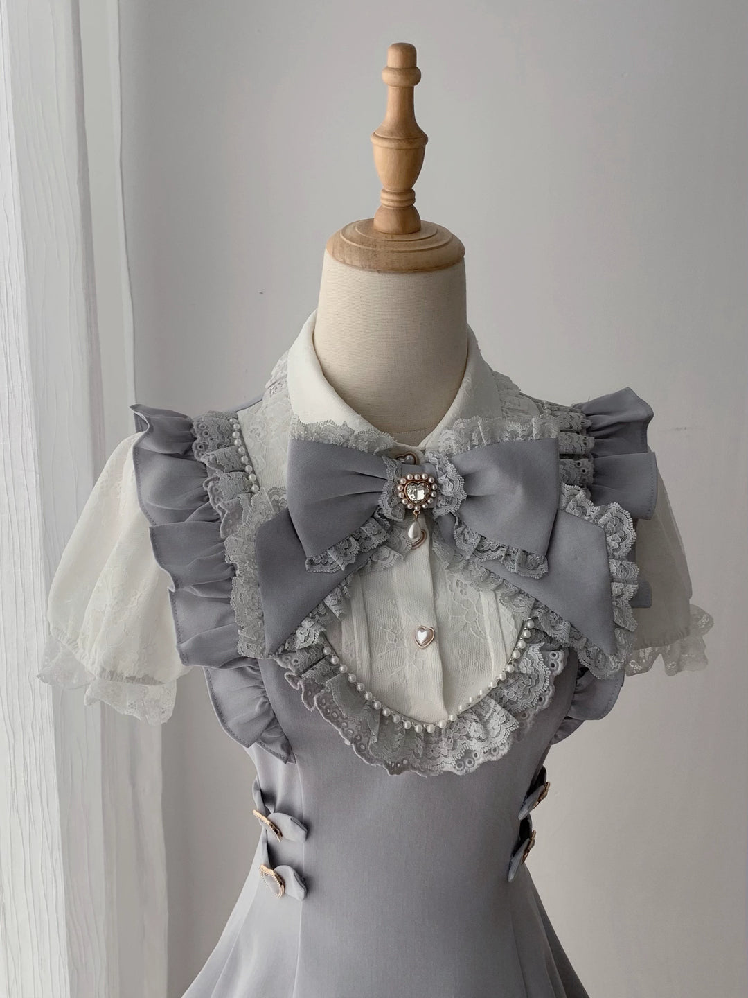 Dusty Blue Ryousangata Dress, Pearl-trim Neckline 45556:855396