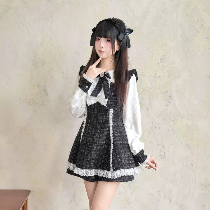 Winter Jirai Kei Dress Set Black Plaid Dress And Shorts Set 41406:701004