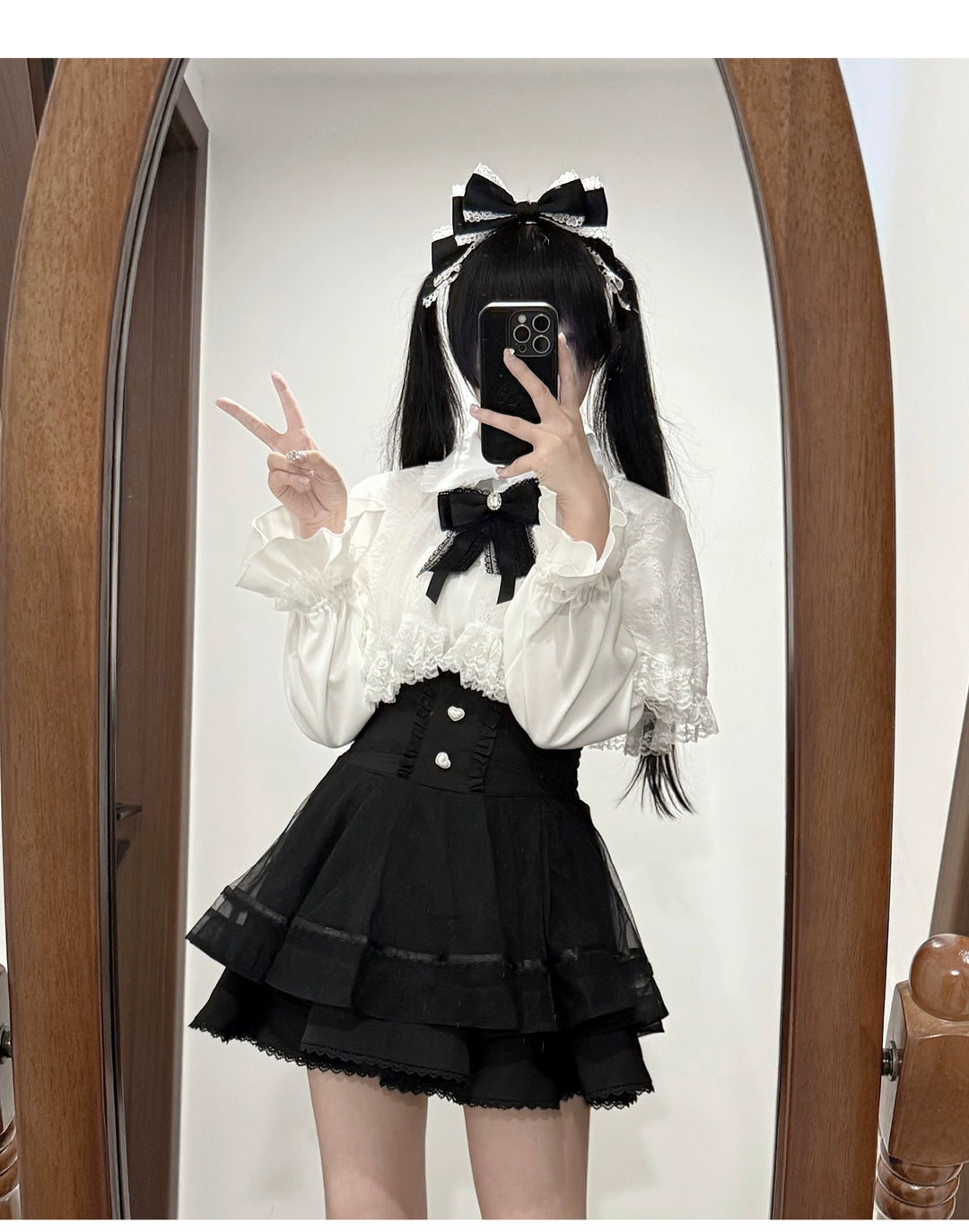 Jirai Kei Lace-cape Blouse, High-waist Skirt Outfit (白色上衣 / 2XL 3XL 4XL L M S XL) 43933:790375