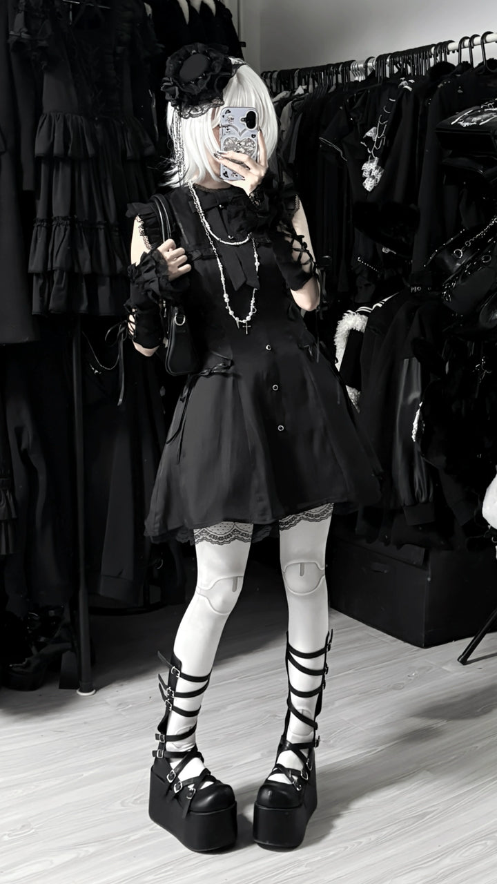 Daily Ruffle Shoulder Dress, Waist Lace-Up 44169:798690