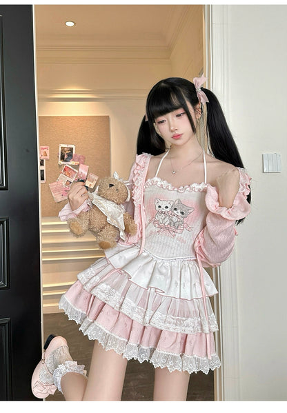 Ryousangata Skirt Set Pink Cardigan White Straps Top 37008:548384