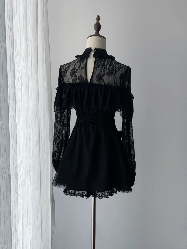 Black Jirai Kei Lace Dress, Cross-detail Hem 45837:864806