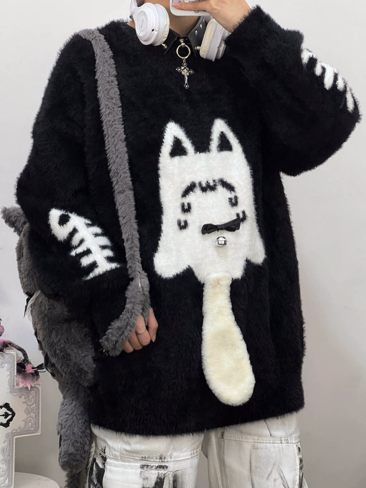 Jirai Kei Sweater Black Ghost Cat Print Couple Sweater 39952:646152