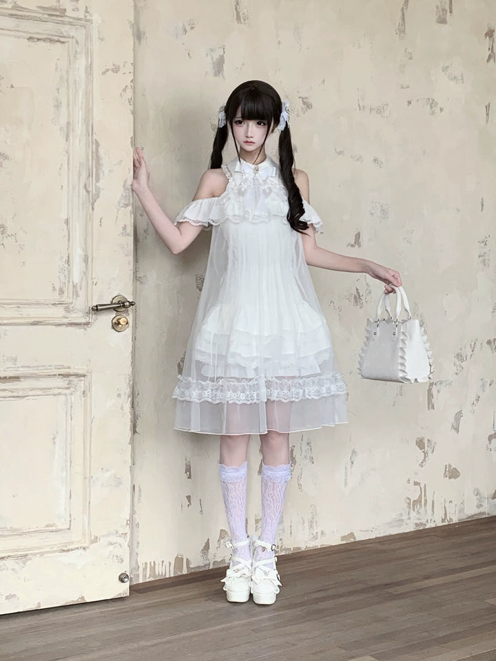 White Lace Open Shoulder Dress, Voile Outer Layered 45423:850584
