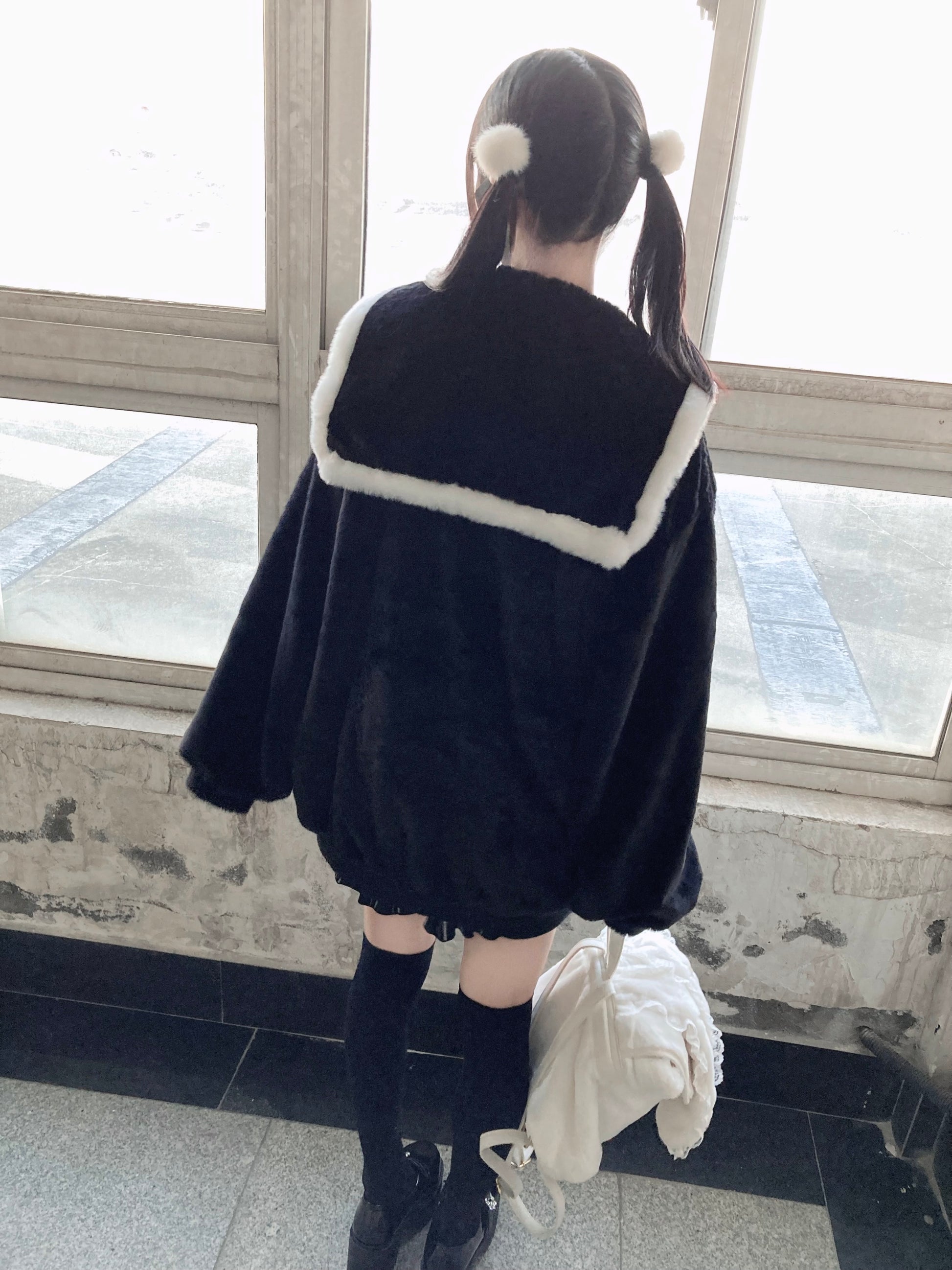 Black Jirai Kei Coat Ryousangata Imitation Rabbit Fur Coat 33304:446226
