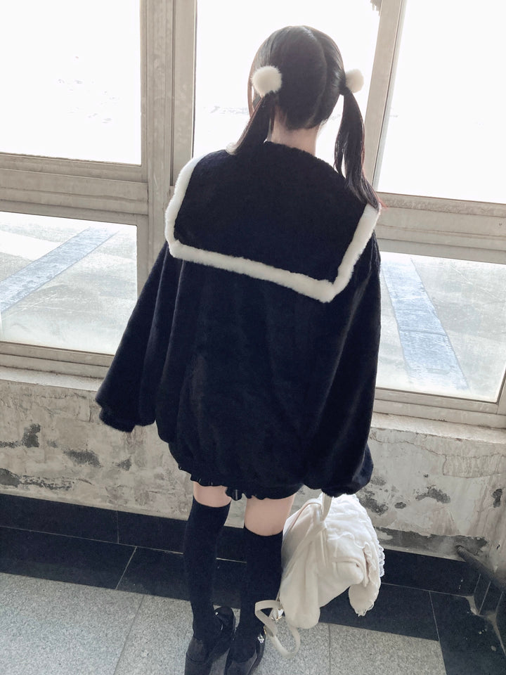 Black Jirai Kei Coat Ryousangata Imitation Rabbit Fur Coat 33304:446226 33304:446226