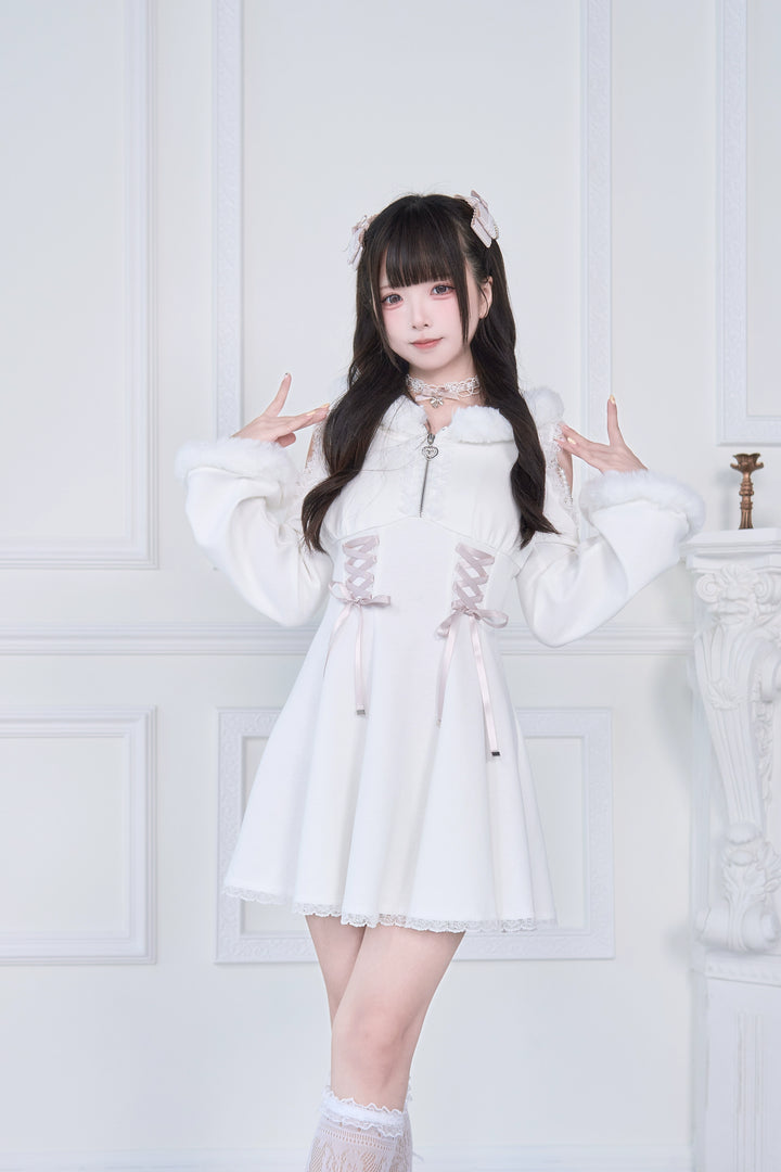 Open-Shoulder Jirai Kei Dress, Oversized Hood (White) 43940:789818