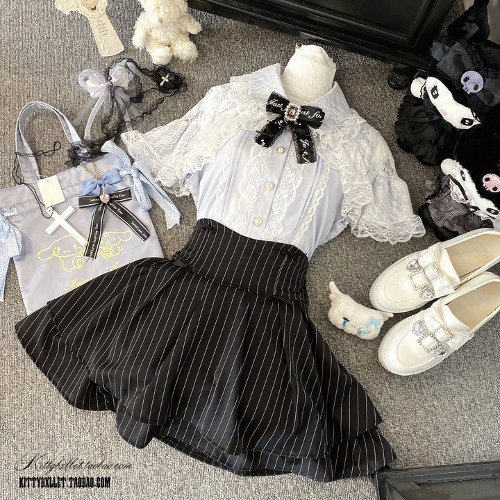 Striped Jirai Kei Skirt With Elastic Waist & Built-in Shorts 43074:764437