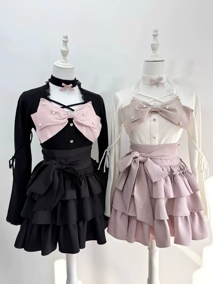 Jirai Kei Knit Top, Tiered Ruffle Skirt, Matching Choker 44685:821229