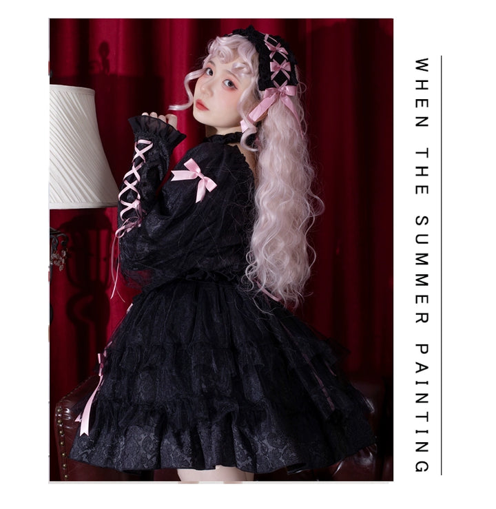 Gothic Lolita Dress Long Sleeve Dress Black Pink Puffy Dress 32084:381970