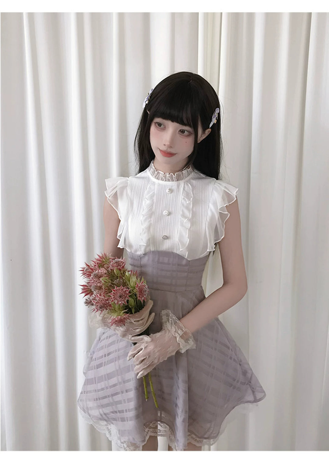 Sleeveless Seiso Kei High-Waist Dress, Purple Plaid Hem 44974:834217