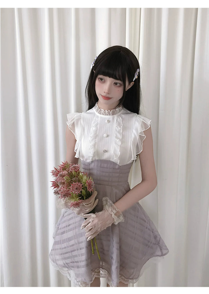 Sleeveless Seiso Kei High-Waist Dress, Purple Plaid Hem 44974:834217