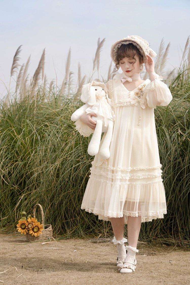 Sunflower Daily Lolita Dress Mori Kei Dress Long Sleeve Dress 36478:552248